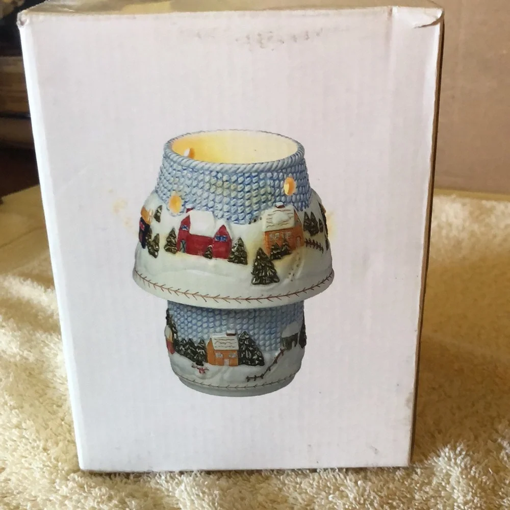 Winter Village Scene votive candle holder with shade Russ Berrie